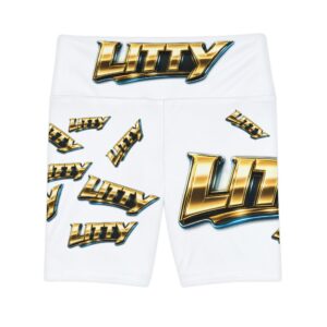 Litty Graphic Workout Shorts — Women's Athletic Biker Shorts with Gold Logo AOP