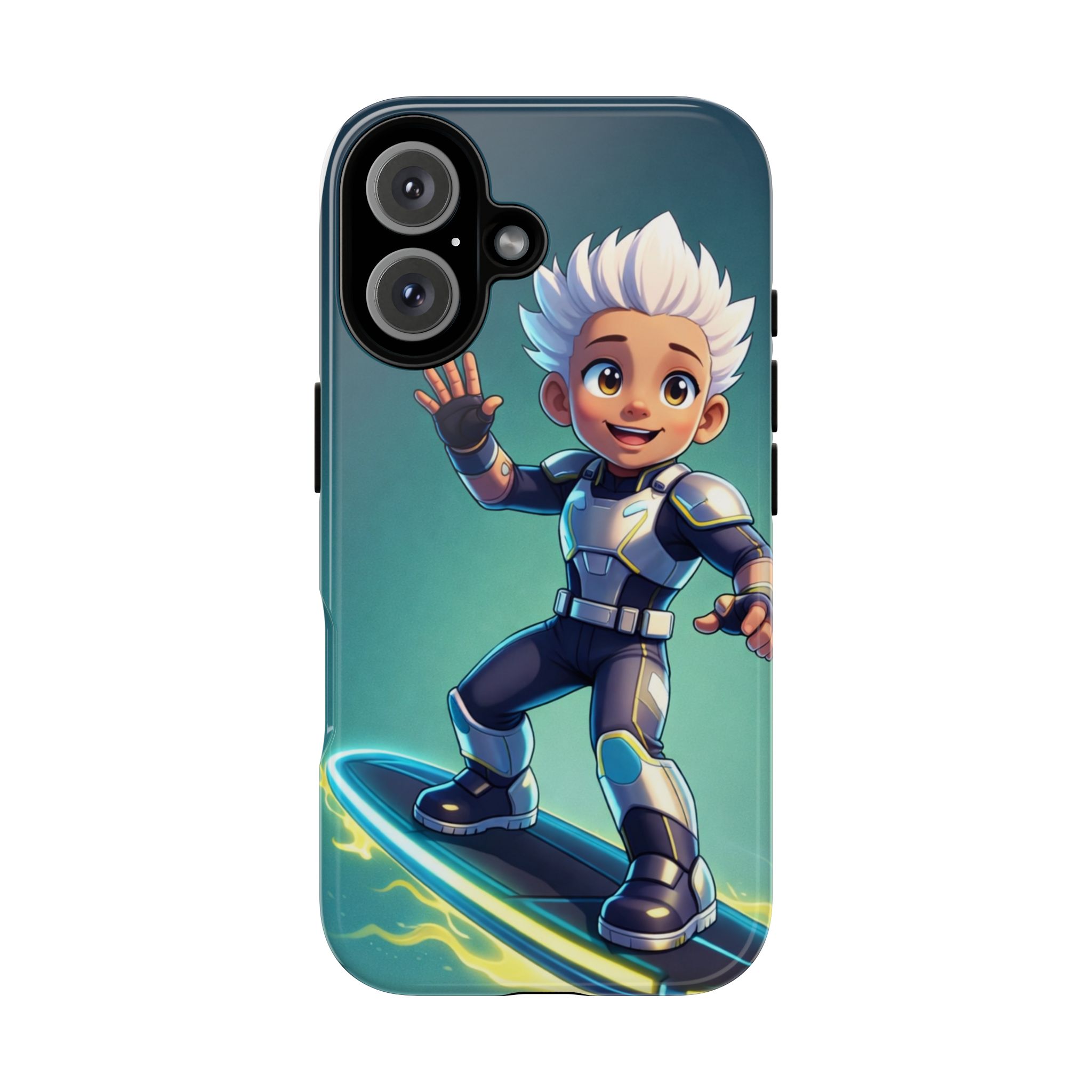 Electric Skate Hero Phone Case — Kids Cartoon Futuristic Surfer Protective Cover