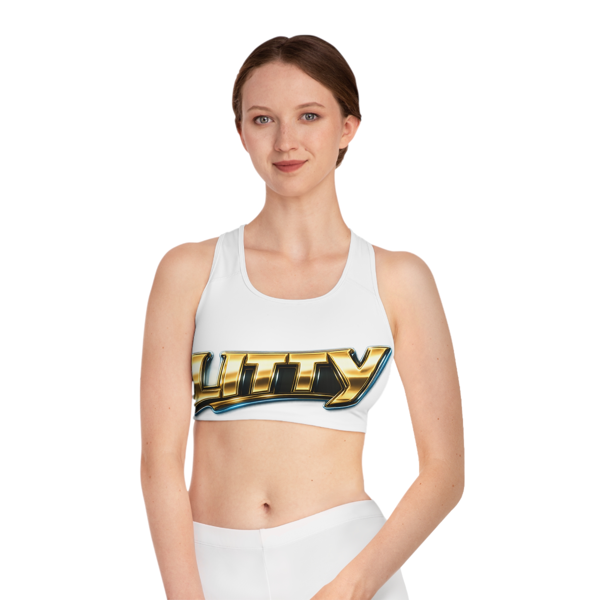 LITTY Metallic Logo Sports Bra — Bold Gold Graphic Activewear - Image 3