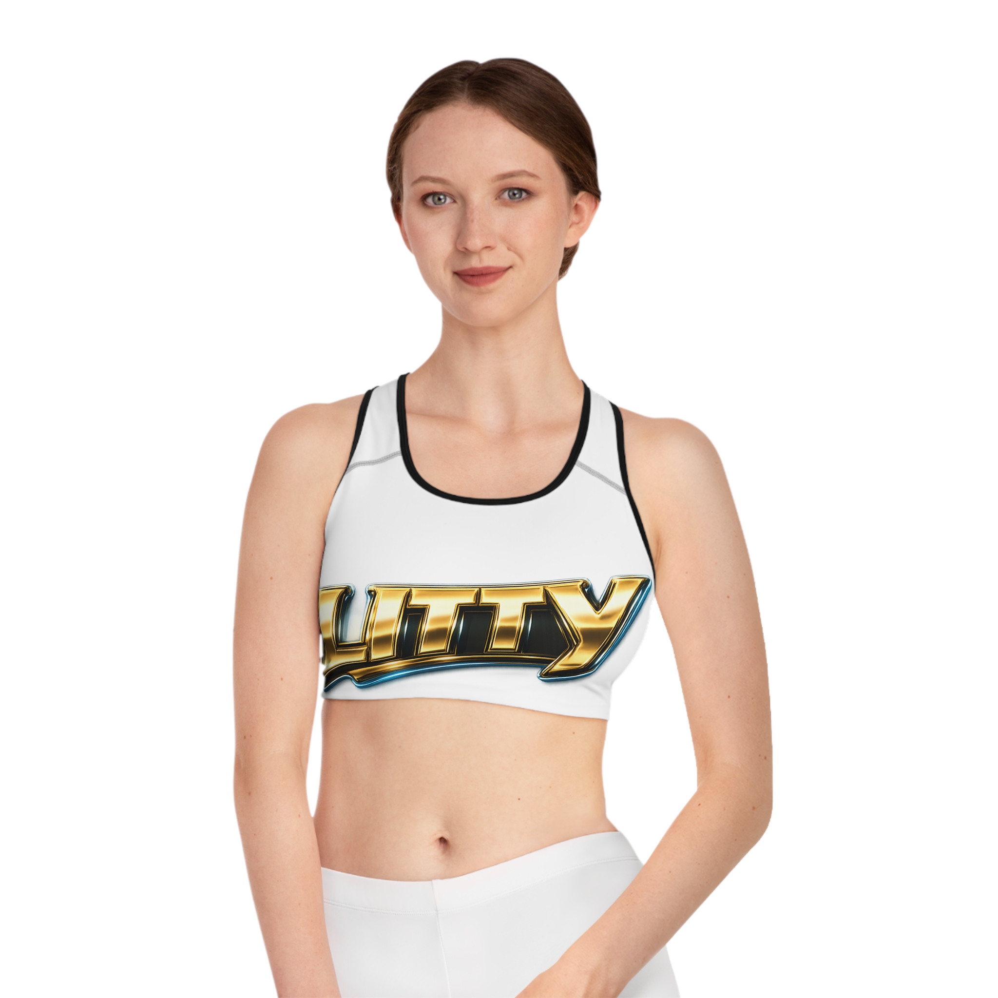 LITTY Metallic Logo Sports Bra — Bold Gold Graphic Activewear - Image 7
