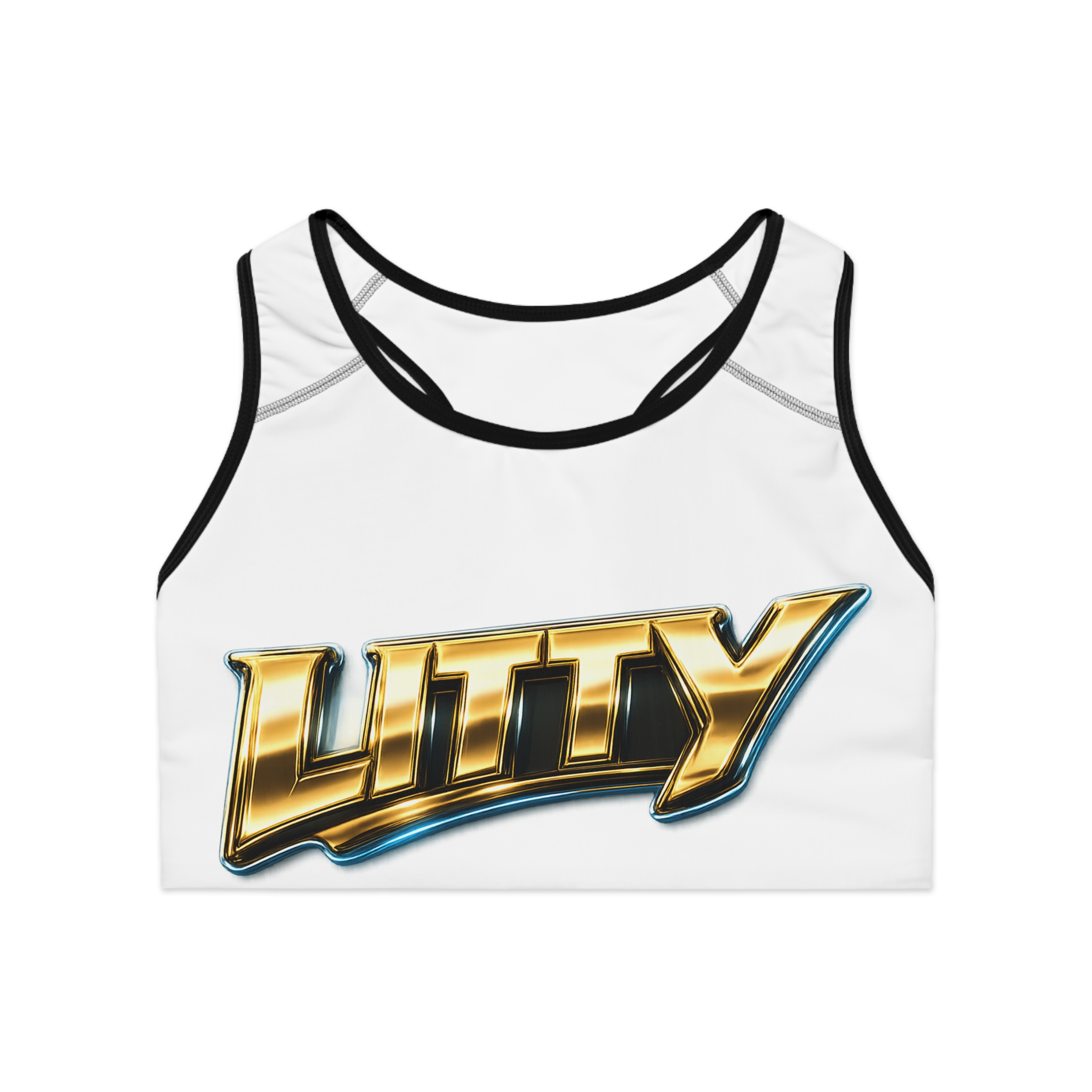 LITTY Metallic Logo Sports Bra — Bold Gold Graphic Activewear - Image 5