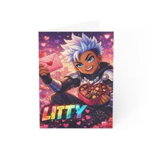 Valentine’s Gamer Greeting Card — 'Litty' Anime Knight with Heart Balloons (Single or Bulk Pack)