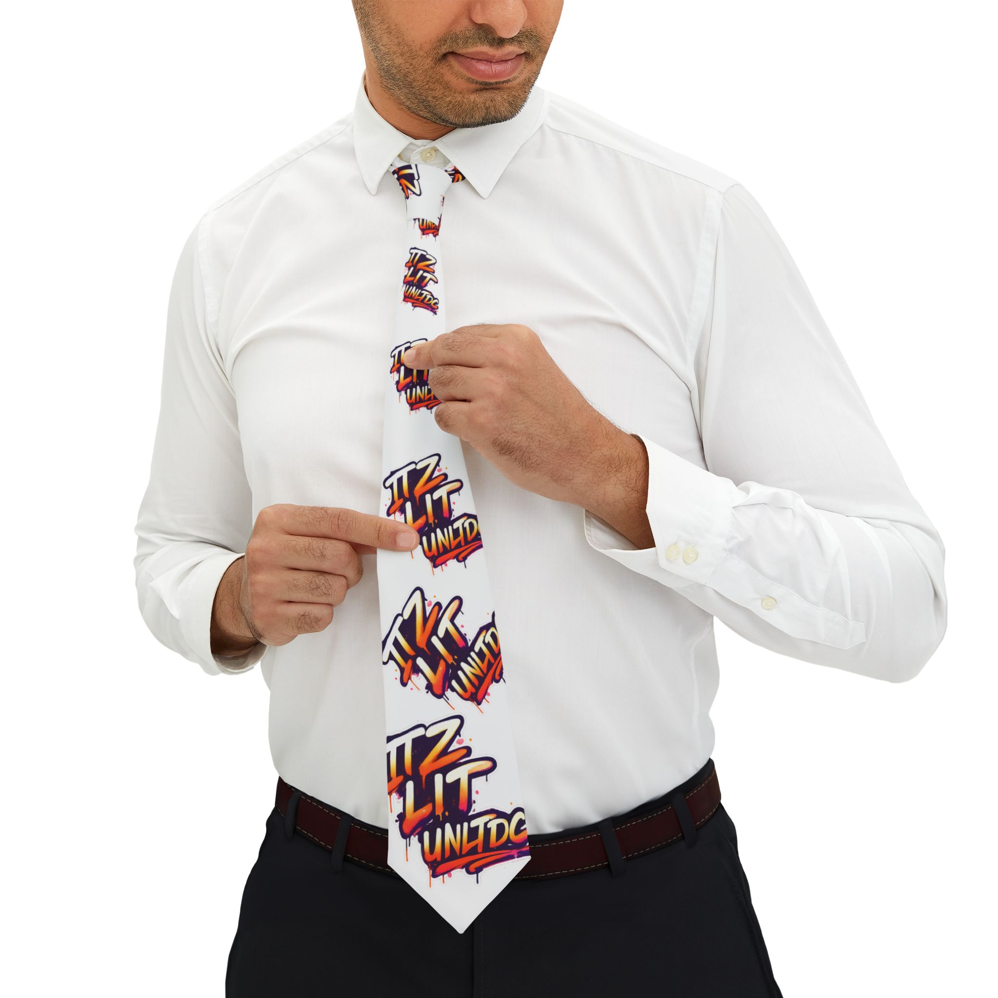Necktie — White "Itz Lit" Graffiti Pattern Tie (Novelty Streetwear, Party & Gift) - Image 4